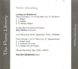 Beethoven: Piano Concerto No. 5 in E Flat Major, Op. 73 "Emperor" / Piano Sonata No. 23 in F Minor, Op. 57 "Apassionata" (Studio Recording, May 1939)