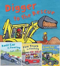 Busy Wheels Set of 4 Paperback Books By Mandy Archer Includes Race Car Is Roaring, Tractor Saves the Day, Fire Truck Is Flashing & Digger to the Rescue