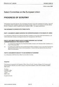 Progress of Scrutiny, 15 December 2009: House of Lords Paper Euc-2 Session 2009-10 (House of Lords Papers)
