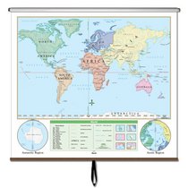 World Beginer Wall Map - Identifies continents and oceans - 64x54 - Laminated - on Roller- Markable with Dry Erase or Water Soluble Markers.