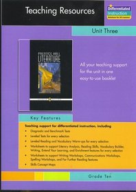 Teaching Resources, Unit Three Types of Notification, Grade Ten, for Prentice Hall Literature Penguin Edition Series (Diagnostic, Benchmark Tests; Leveled Tests; Leveled reading and vocabulary warmups; worksheets for, literary analysis, reading skills, vo
