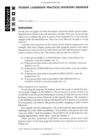 Student Leadership Practices Inventory Observer Instrument 2 Page Insert Ncr Paper The Leadership Practices Inventory James M Kouzes Barry Z Posner Paperback 0787944270